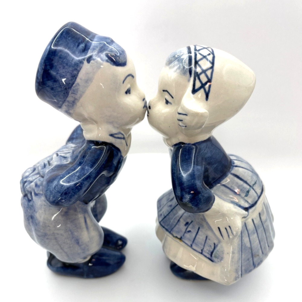 Vintage Delft Blue Kissing Couple and Windmill Figurines Hand Painted Dutch Set